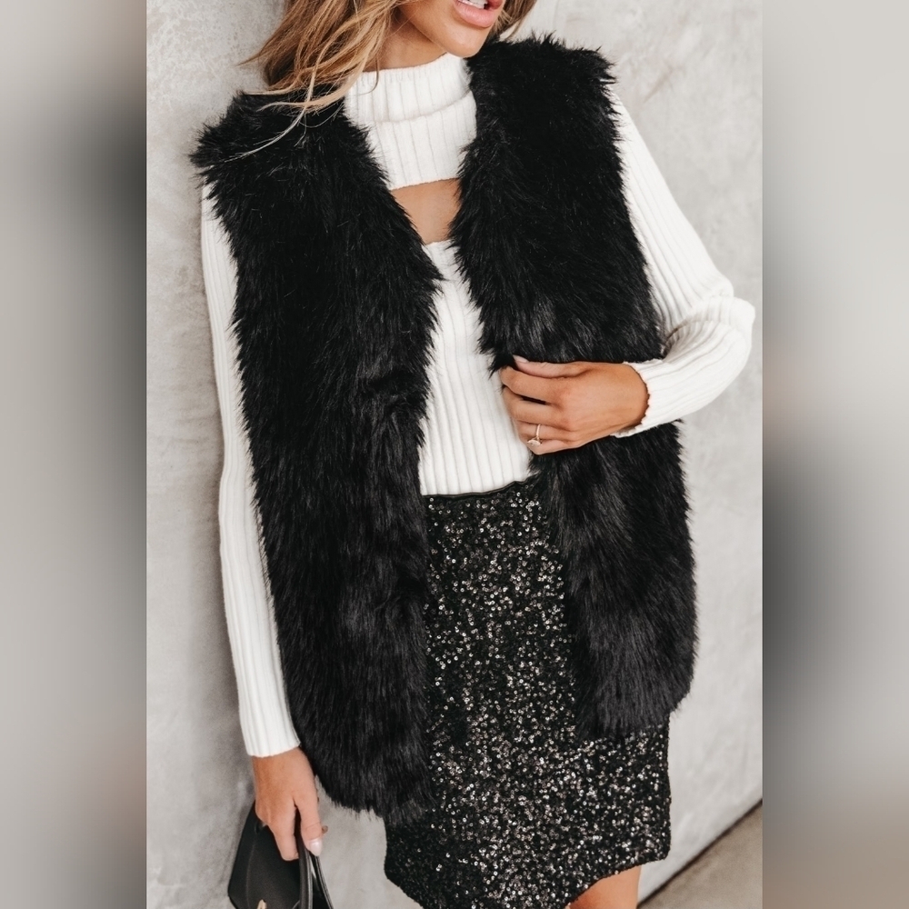 Cupshe Womens Faux Fur Black Open Front Vest Soft Cozy  Sz S